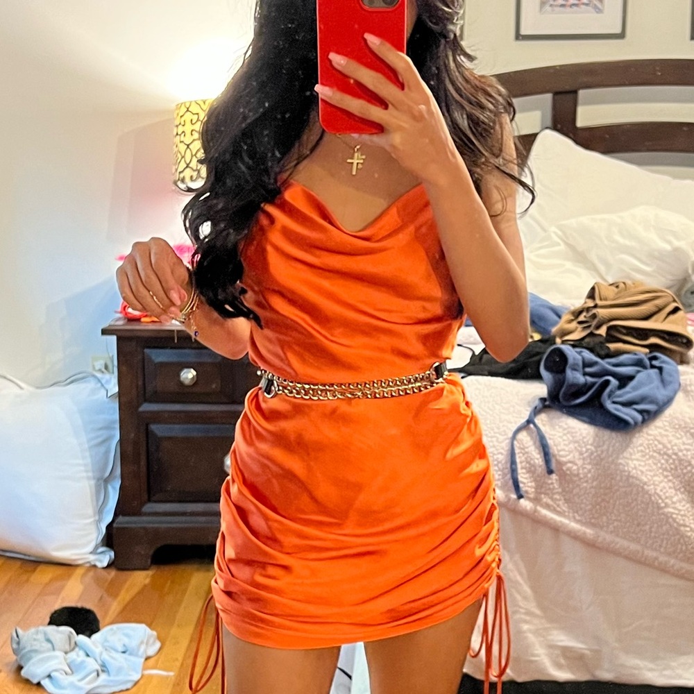 Zara Orange Satin Cowl Ruched Mini Dress ADJUSTABLE LENGTH